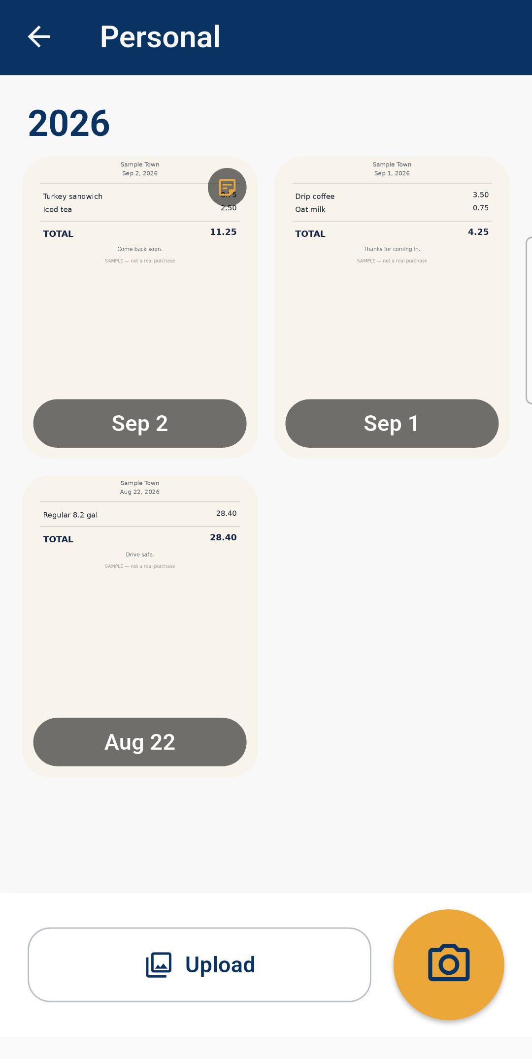 DrawerSnap Personal drawer interior with sample coffee, lunch, and fuel receipts.